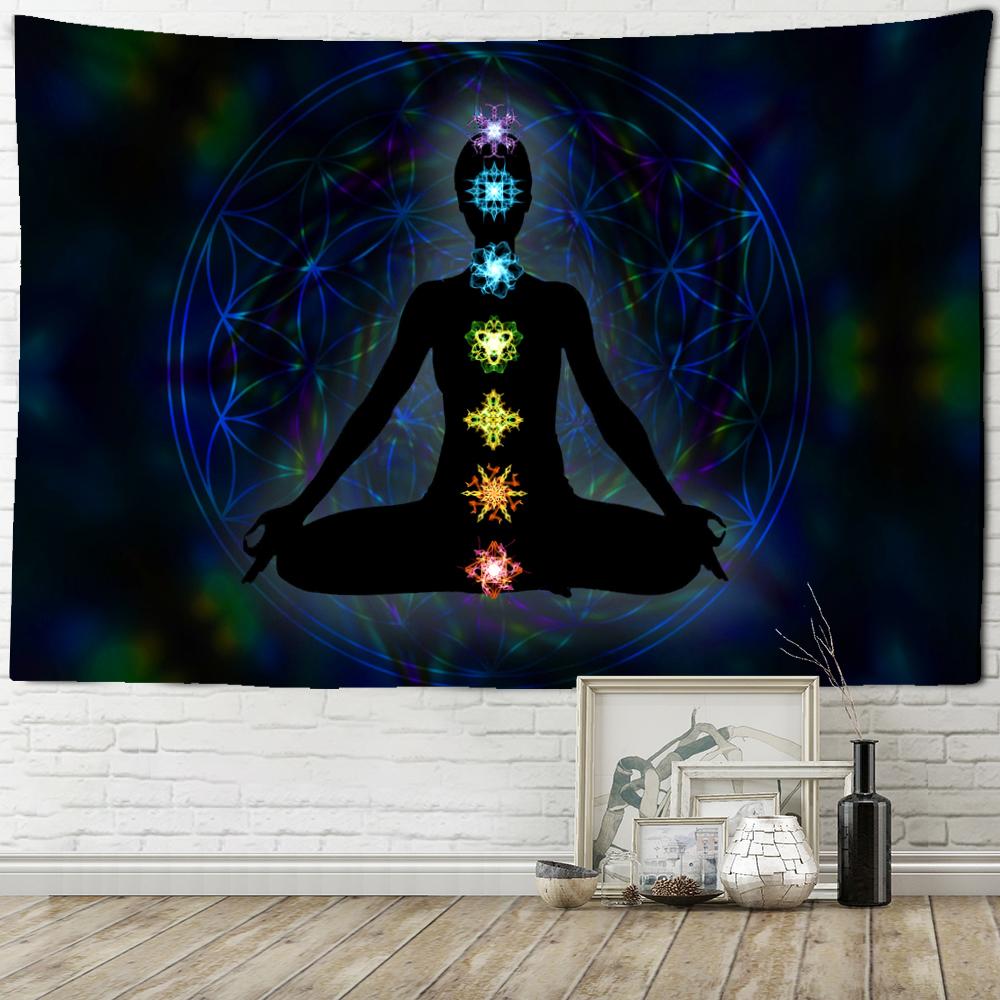 Indian Buddha Statue Meditation 7 Chakra Tapestry Wall Hanging Mandala Tapestries Wall Cloth Psychedelic Yoga Carpet Boho Decor