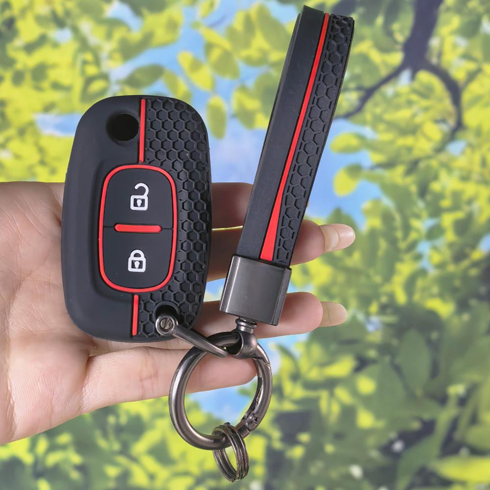 Sport Red Stripe Silicone Flip Key Case With Keychain, Rubber Protector For Renault Clio Megane Modus Kangoo Lada 2017 Car Key