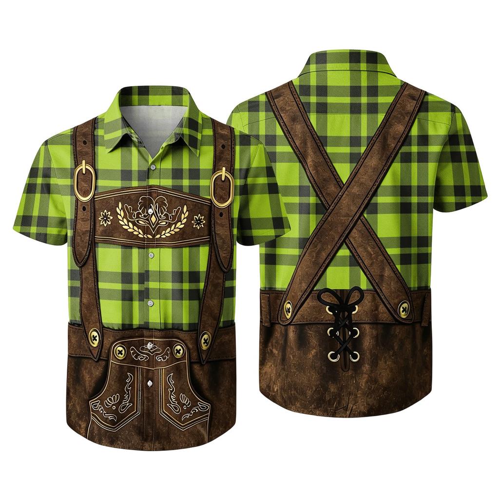 Men’s Short Sleeve Button Down Shirt with Vintage Festival Print Relaxed Fit Casual Party and Everyday Wear Top