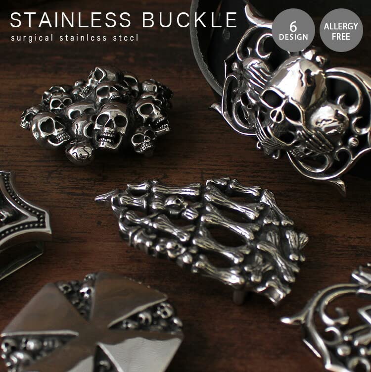 Stainless Steel Cast Design Surgical Stainless Leather Genuine [Days Art] Buckle, Allergy-free, Buckle, Steel, Chrome, Biker, Belt, Leather, Men's