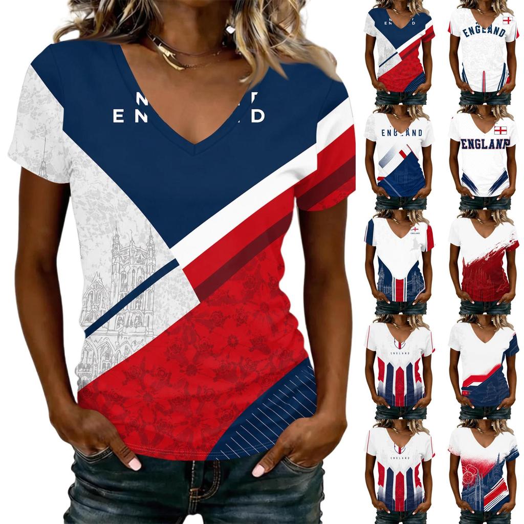 Women's V Neck Lightweight Summer Top with Football Inspired Print England Graphic Short Sleeve Casual Shirt