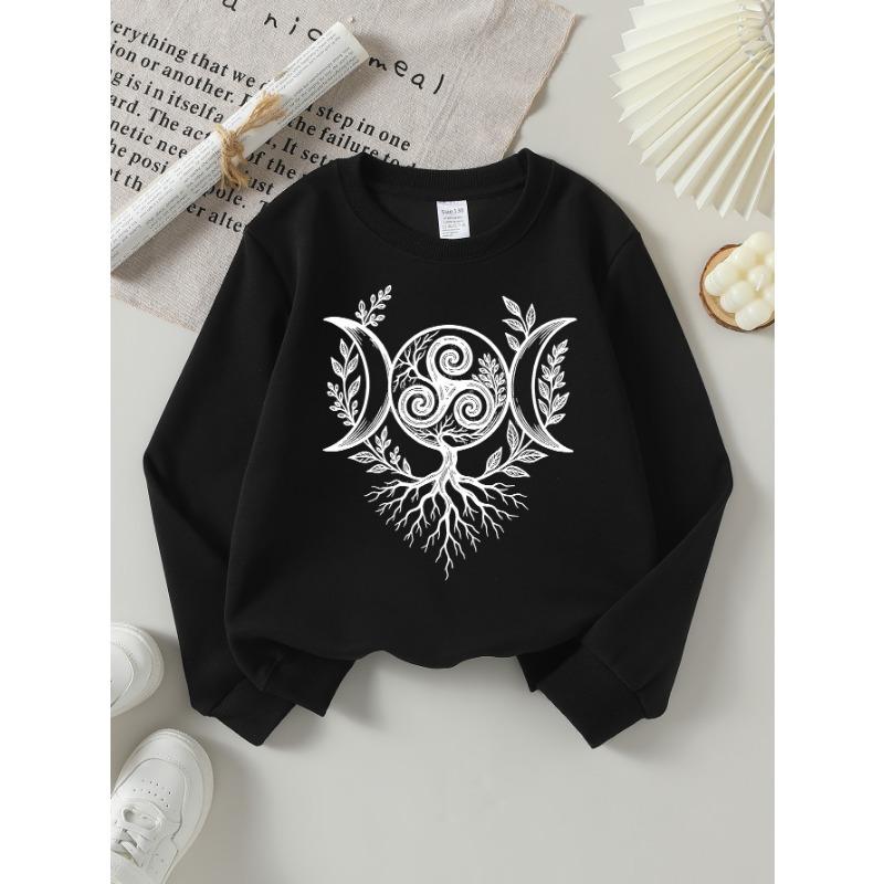 European Sizes Girls' Long-Sleeve Round Neck Sweatshirt "Celtic Tree Moon" Print, Spring/Autumn, Casual, Daily & Sports.