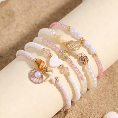 Ocean Wind Vacation Couple Bracelet Set Starfish Shell Bracelet Bohemian Pearl Stacked Bracelet