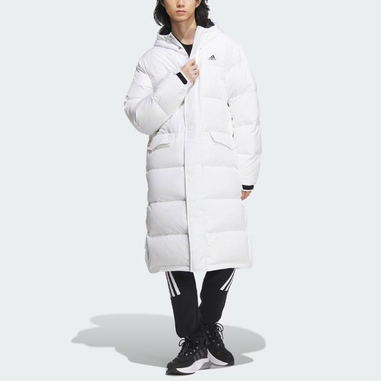 Adidas Puffy Long Down Jacket 530 Logo Print Sports Casual Hooded Down Coat Men Jacket White IV7559