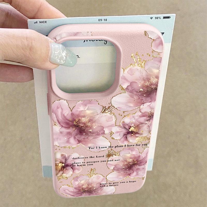Leather Texture TPU Phone Case For iPhone 17 17e 16e 16 15 Pro Max 14 13 Pro Max 11 Blue Flower Printed Soft Silicone Back Cover