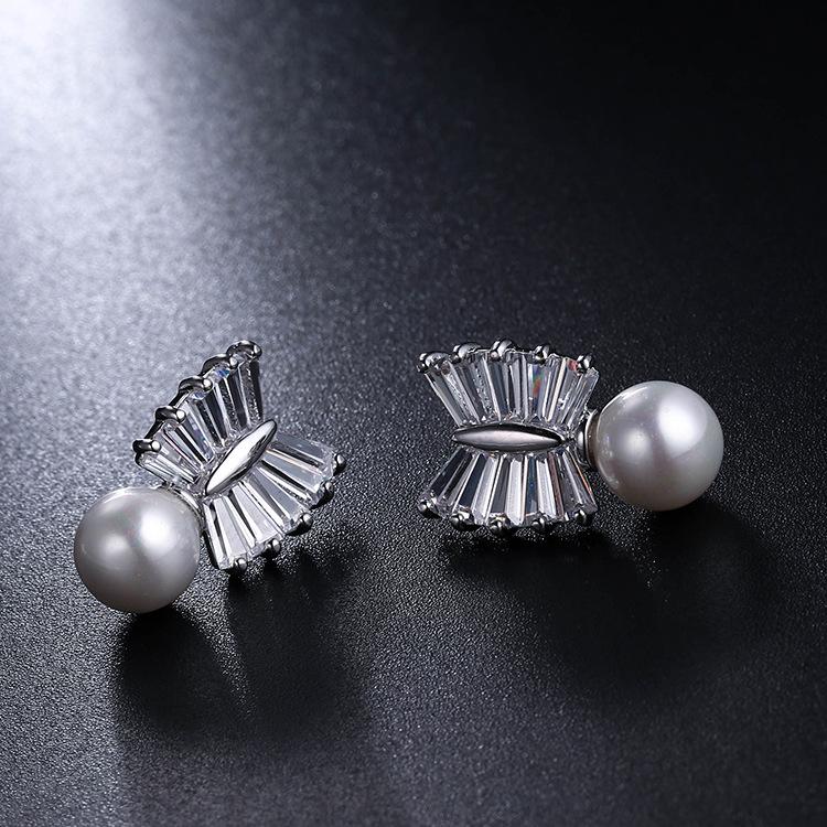 

Qingxing S925 Sterling Silver Bowknot Earrings with AAA Zircon and Pearls, Korean Style белого золота