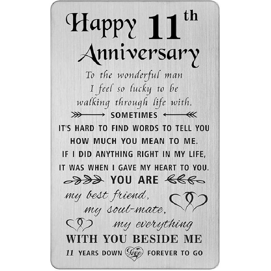 TANWIH 11th Anniversary Card for Wife - 11 Years Down Forever to Go - 11 Year Wedding Anniversary Card Gifts for Her Women Steel, Engraved Metal 11th Anniversary for Him