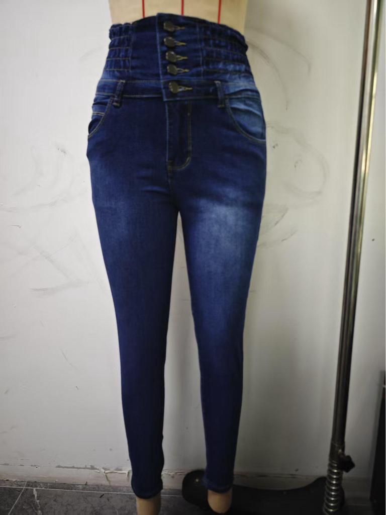 2025 Europeiska & Amerikanska Blå Deformerade Stretchjeans med Hög Midja