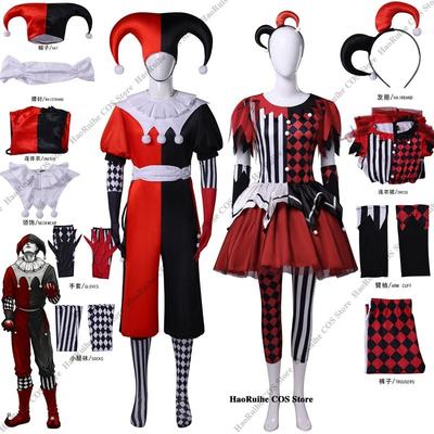 Men Women Jester Clown Cosplay Costume Set, Red Black Split‑Color Joker Fancy Dress Outfit for Halloween Carnival Themed Party