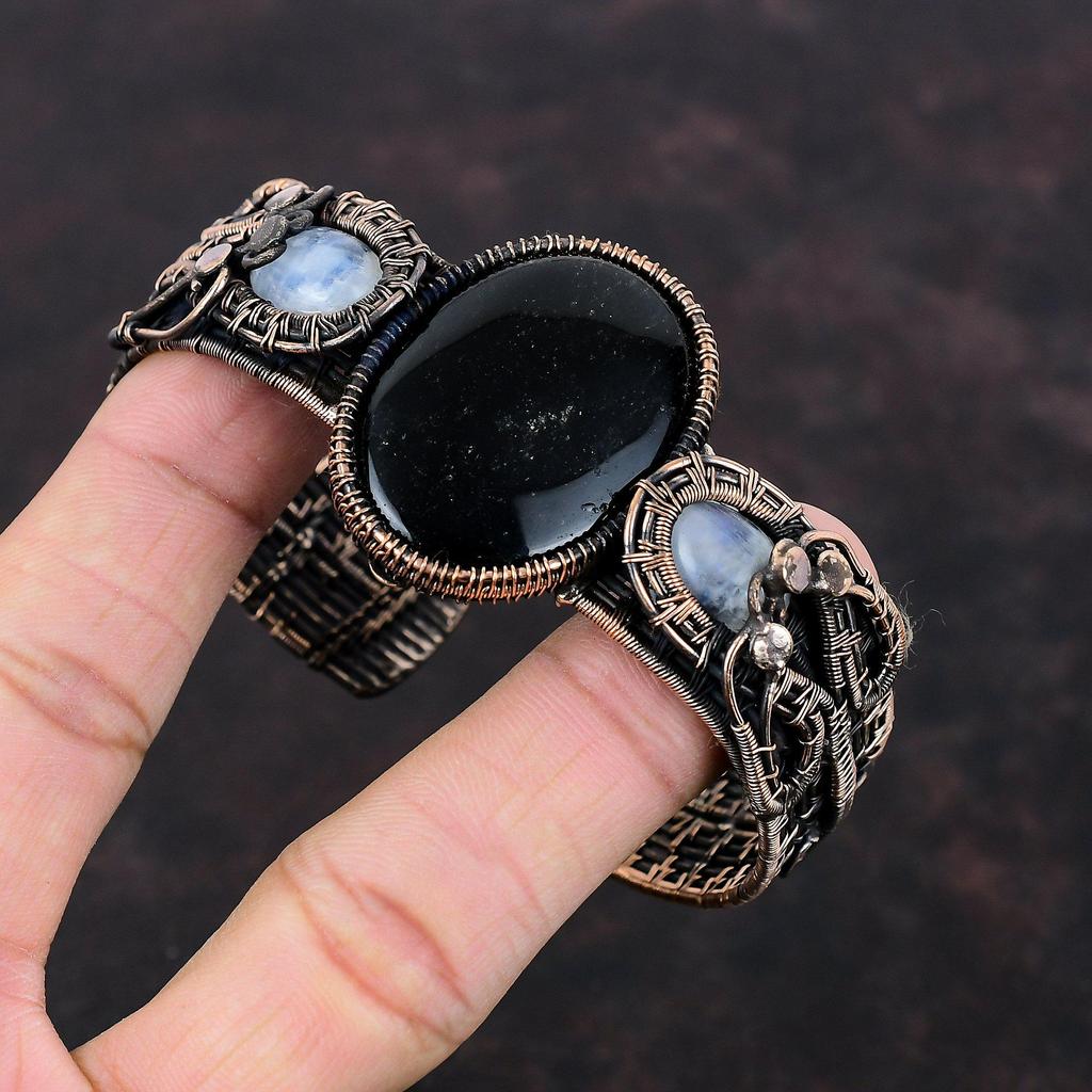 Silver Sheen Obsidian Cuff Bracelet Copper Wire Wrapped Gemstone Bangle Rainbow Moonstone Bangle Adjustable Cuff Bracelet Handmade Jewelry