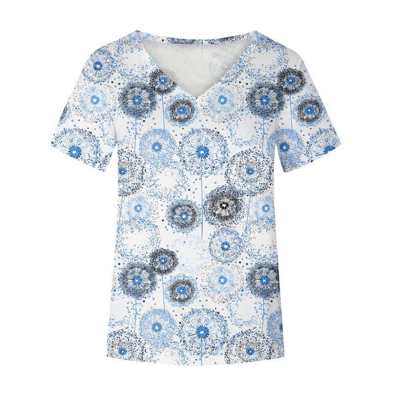 

Футболка с цветочным принтом, женская футболка с короткими рукавами и V-образным вырезом 3XL