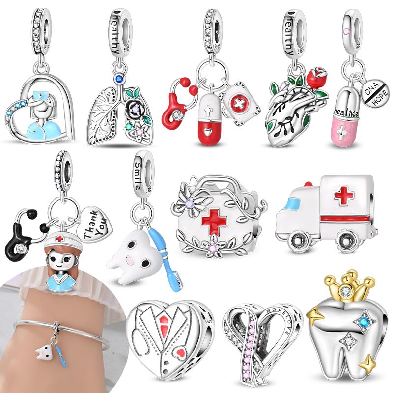 Authentic Copper Medical Care Collection Pendant Tooth Toothbrush Medicine Box Ambulance Bead Compatible With Bracelets Diy Gift Women Jewellery