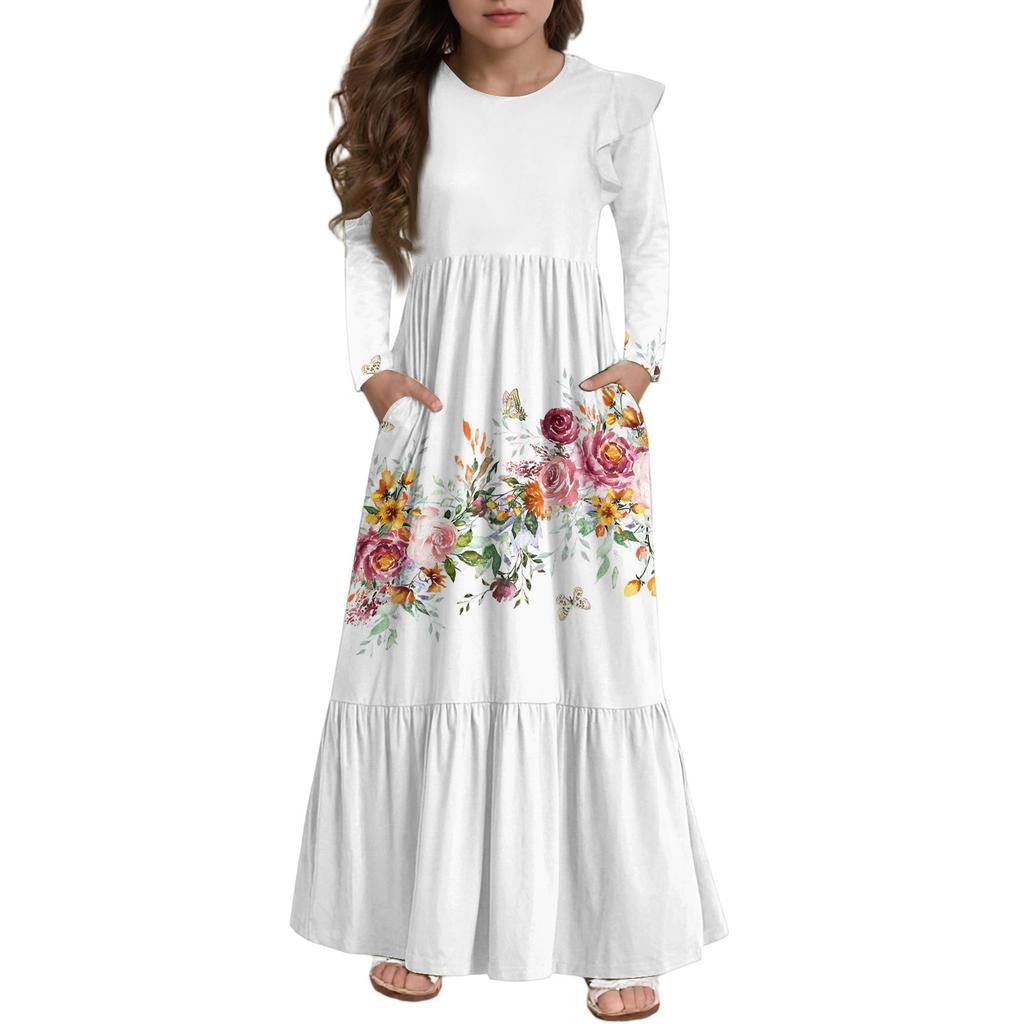 Girls' Tiered Ruffle Dress - Long Sleeve Printed Maxi With Pockets