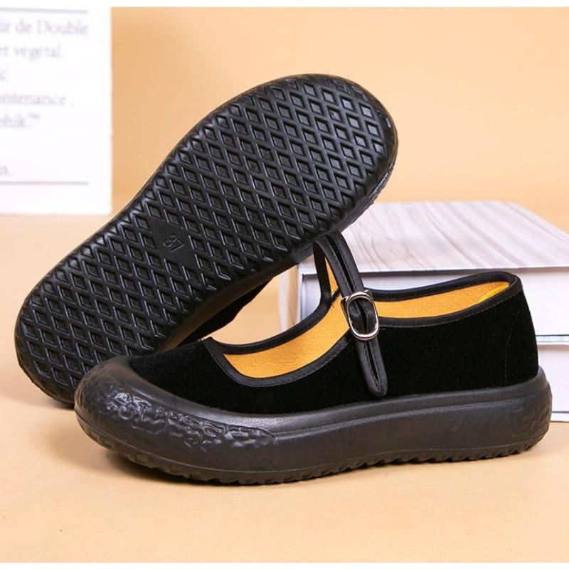 Cloth Shoes Women's Shoes Black Work Shoes Medium Old Mother Shoes Dance Shoes Flat Heel Platform One-word Buckle Shoes