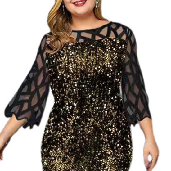 Dámské šaty Flitrové Síťované Prošívání Bodycon Duté 3/4 Rukáv O-výstřih Midi Šaty na Svatbu