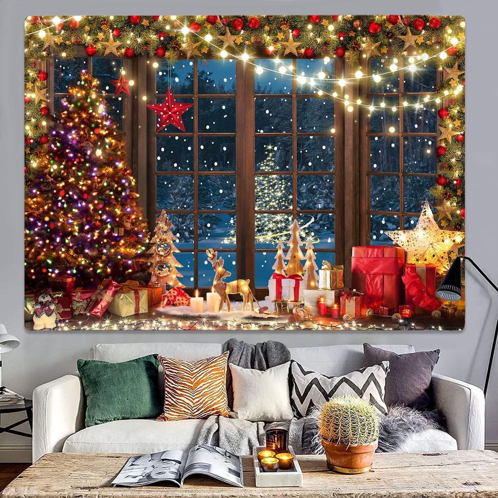 Winter-Weihnachtsteppich - Rustikales Holzfenster Weihnachtsbaum für Schlafzimmer, Nacht Wald Schnee Szene Außerhalb des Fensters Wand H