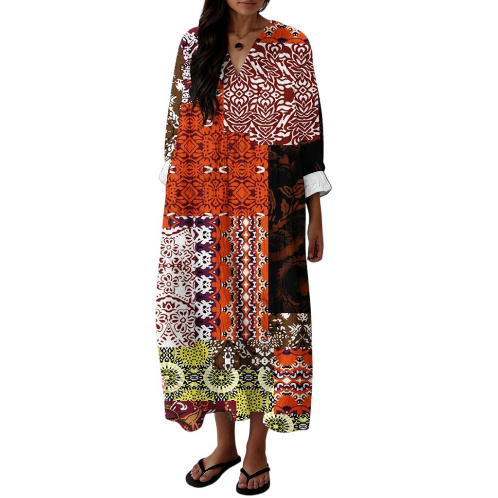Women's Casual Fashion V-Neck Long Sleeve Floral Print Maxi Dress