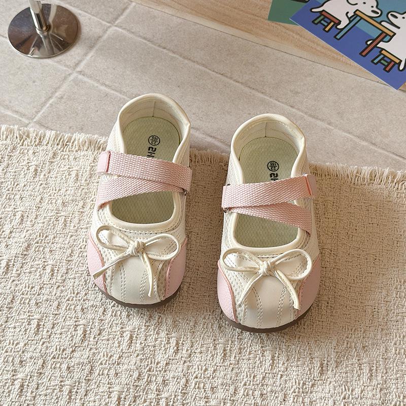 2026 Spring/Summer Girls Breathable Bow Mesh Mary Jane Shoes with Velcro and Soft Sole 24 бежевый