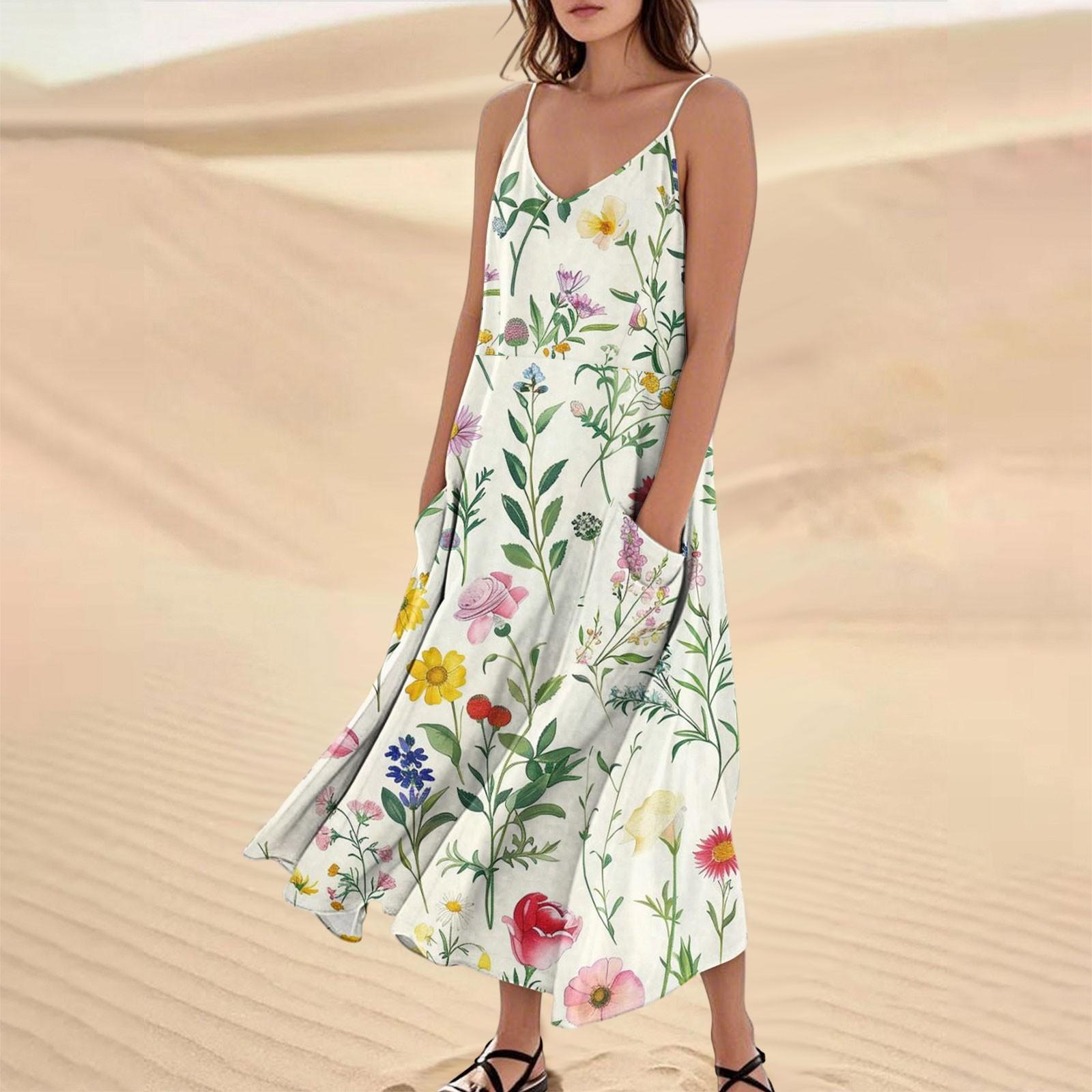 

Женское повседневное платье-сарафан с V-образным вырезом, цветочным принтом, без рукавов, с карманом L зелёный