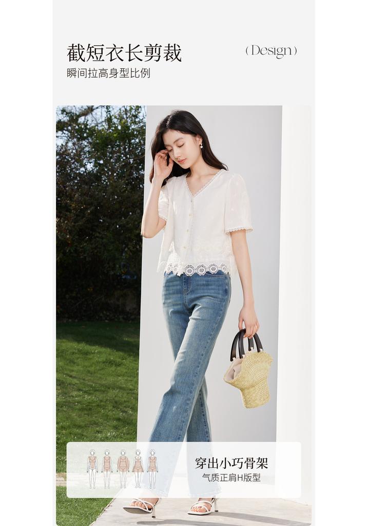 French embroidery hollow V-neck short-sleeved shirt