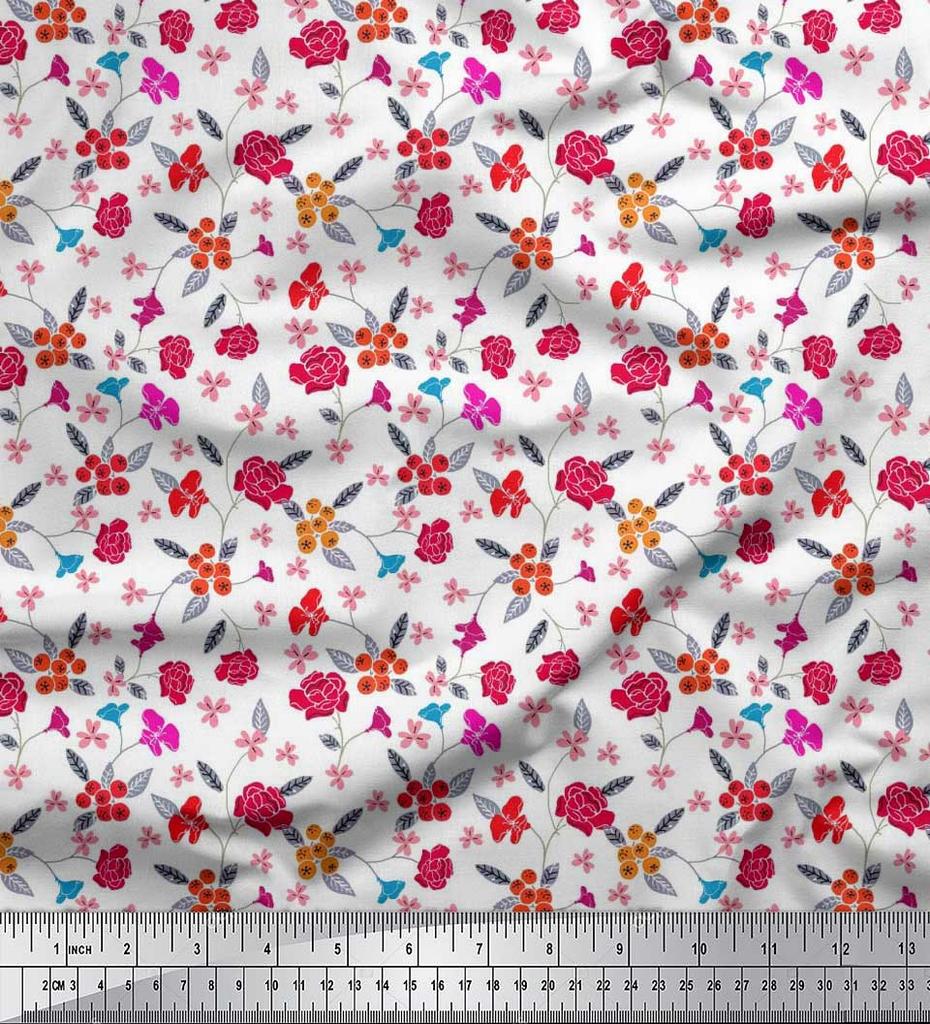 Soimoi Japan Crepe Satin Fabric Berries,Leaves & Floral Artistic Print Fabric by the Metre 42 Inch