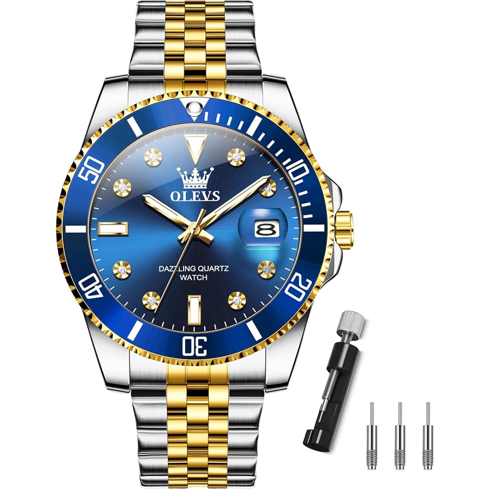 Olevs Men s Analog Quartz Watch Blue Stainless Steel Waterproof Large Dial Fashion Timepiece