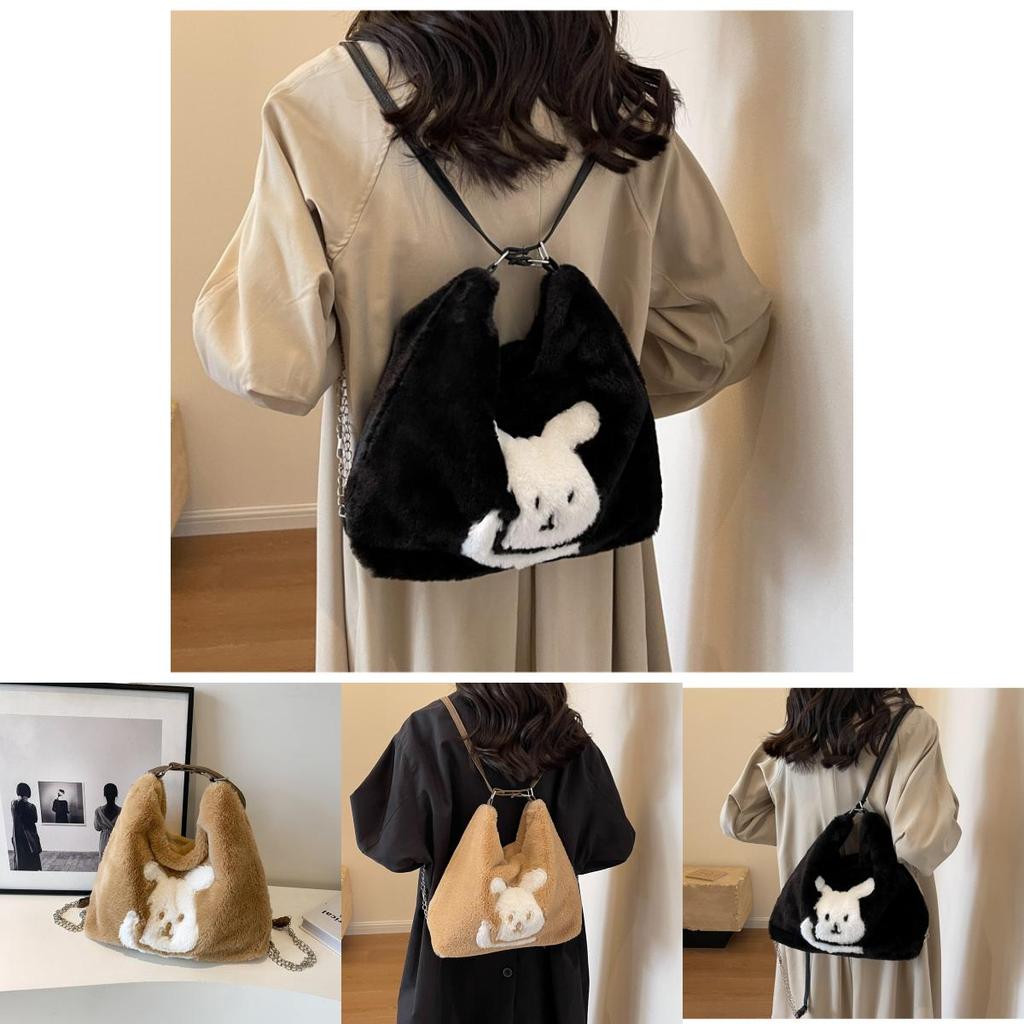 Adorable Plush Cartoon Tote Bag For Women Stylish Large Capacity Shoulder Bag For School And Daily Use In Black Khaki And Cream Colors
