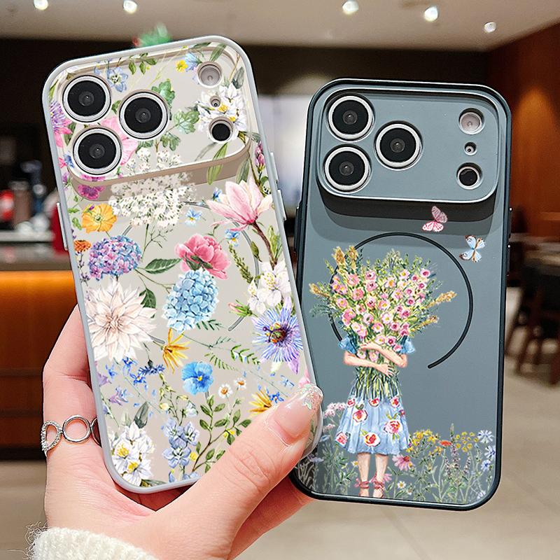 Mädchen Blumenmuster Hülle Für iPhone 17 Pro Max Funda iPhone 16 15 14 13 Pro Max Magnetisch Für Magsafe Hybrid Schlank Mattes Cover