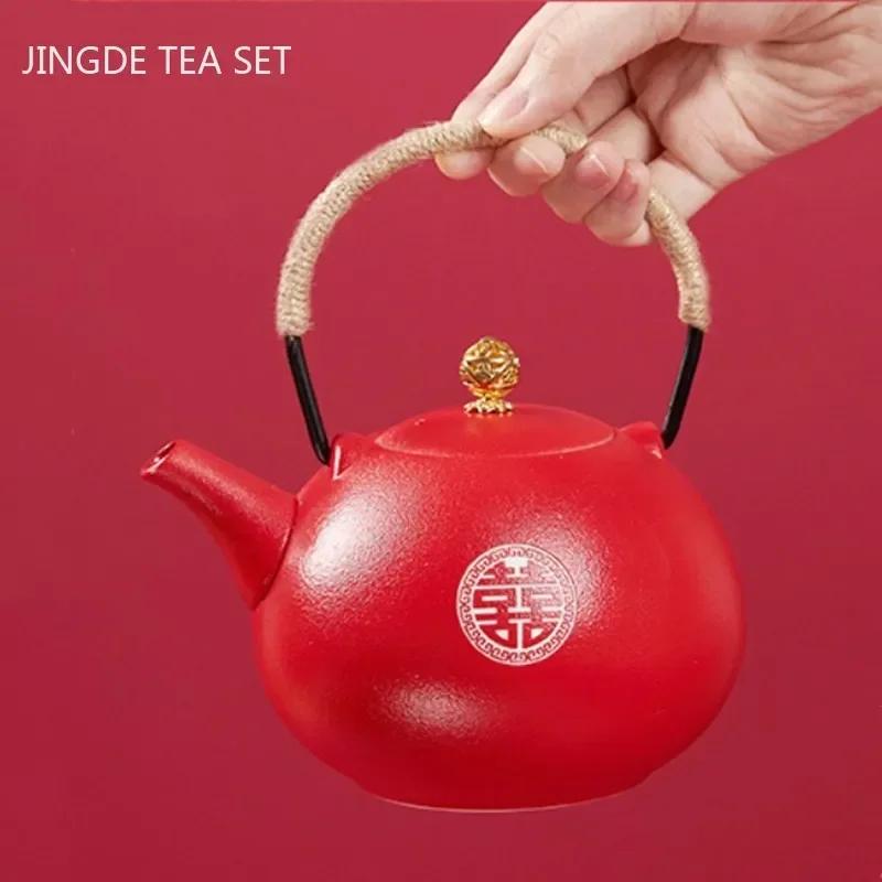 Boutique Ceramic Filter Tea Pot Set Household Tea Pot and Cup Set Chinese Style Wedding Red Teaware Gifts  Productos Chinos