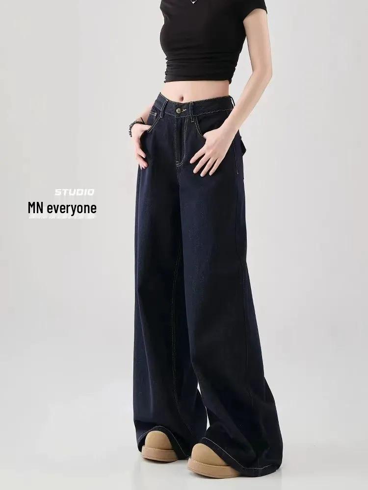 

Женские джинсы с высокой посадкой, широкими штанинами, необработанным денимом, в стиле ретро, длинные - Осень 2025 XXL темно-синий