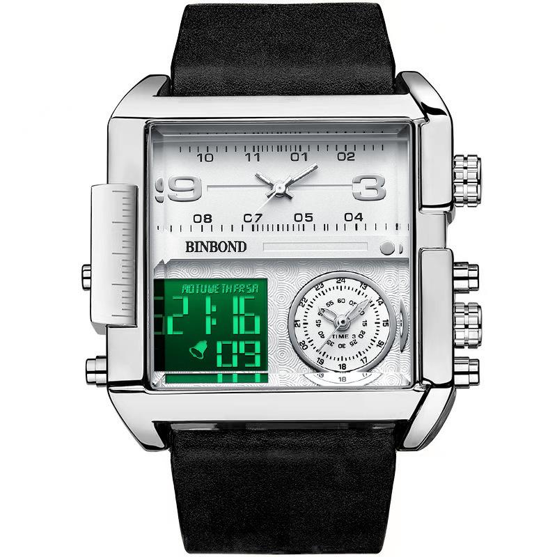 Binbang Fashion Men's Domineering Quartz Watch with Large Square Dial and Triple Display