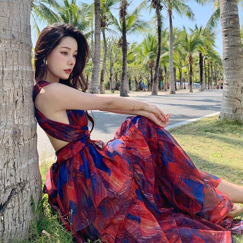 

Song Zhiya Star Collar Print Dress High Waist Thin Beach Vacation Dress Dress Dress Summer S