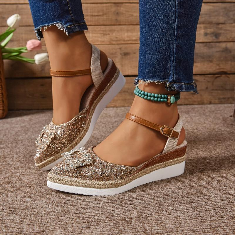 

Fashion Sequin Square Buckle Wrapped Slippers Summer New Pointed Toe Shallow Mouth Lightweight Hemp Rope Wedge Flip-Flops 36