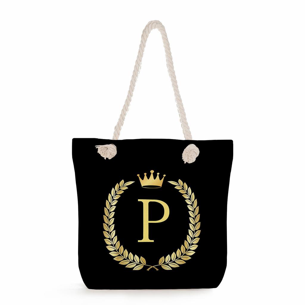 Black letters on a black background print thick rope single-shoulder beach bag 7289 CLE