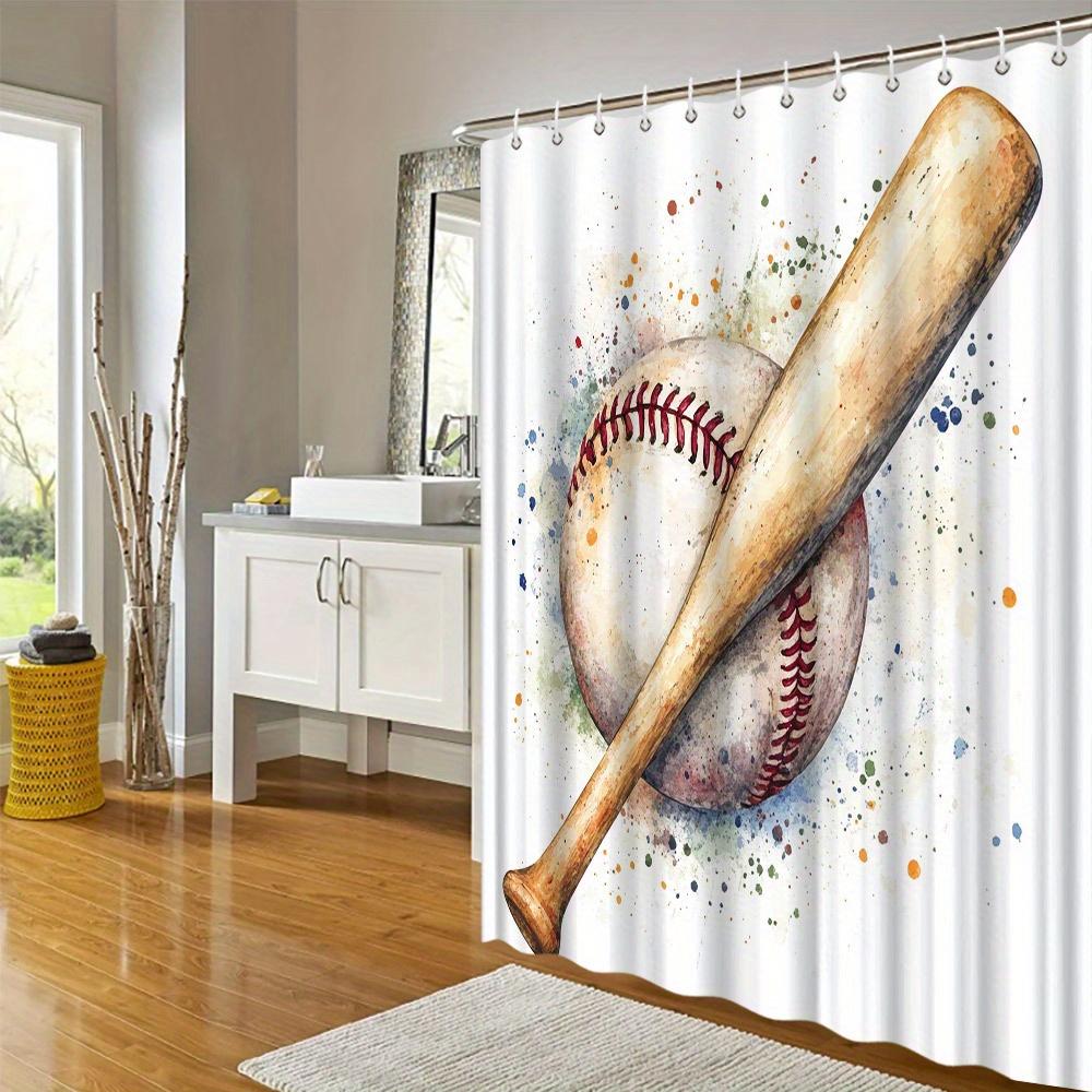 Baseball Shower Curtain - Watercolor Wooden Bat & Ball, Nostalgic Sports Theme, Water-Resistant Polyester