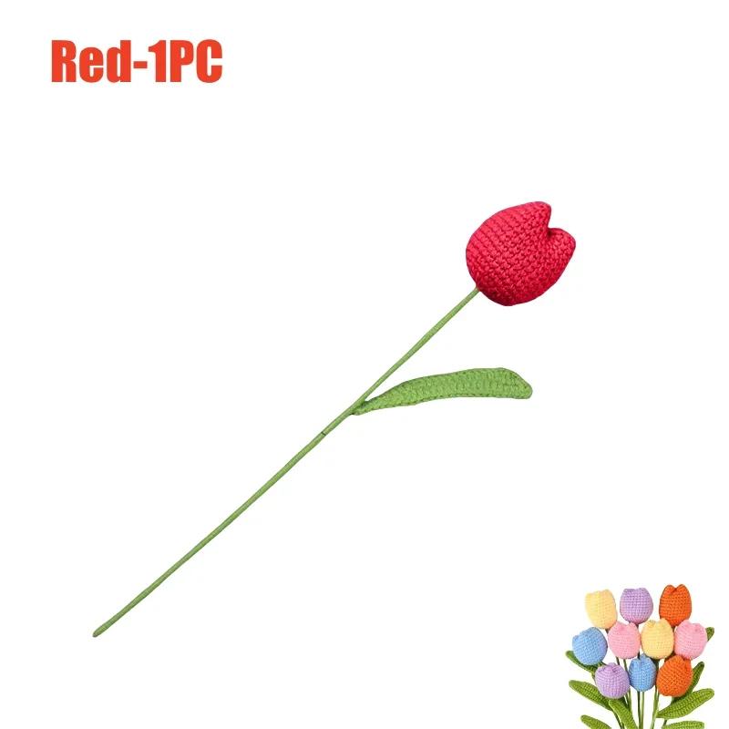 Handmade Crochet Tulip Flowers Bouquet Artificial Knit Simulation Craft Gift for Mom Women Bride Wedding Home Decor Party Supply