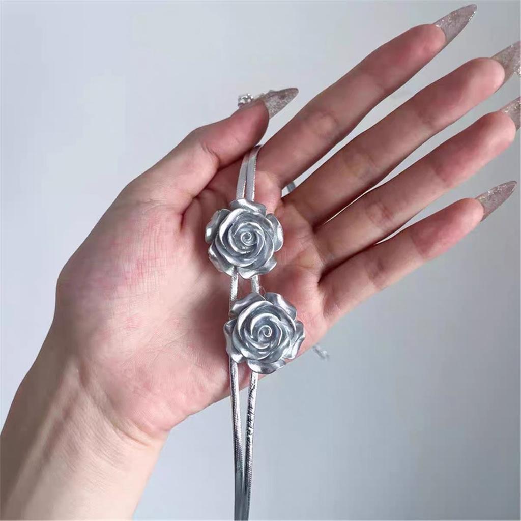 Tooxika Cool Style Silver Grey Double Layer Rose Flower Necklace Sweet Cool Hottie Choker Collarbone Chain Necklace