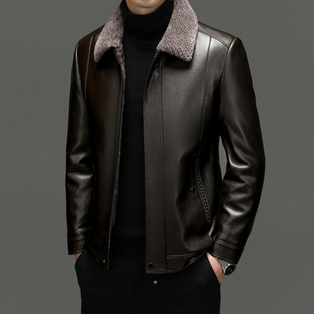 Leather and Fur Integrated Leather Jacket for Men Sheepskin Genuine Leather for Middle-aged and Elderly Men Plush and Thickened Winter Warm Dad's Coat
