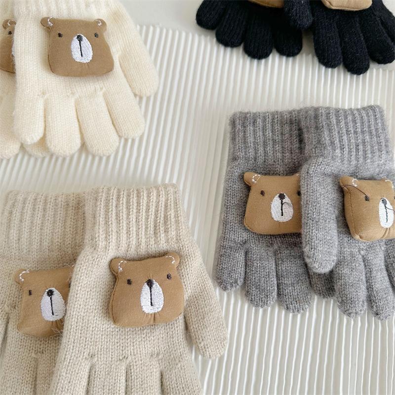 Mignons Gants d'Hiver pour Bébé Ours Couleur Unie Tricotés Doigts Entiers Gants Enfants Garçons Filles Moufles Chaudes d'Extérieur