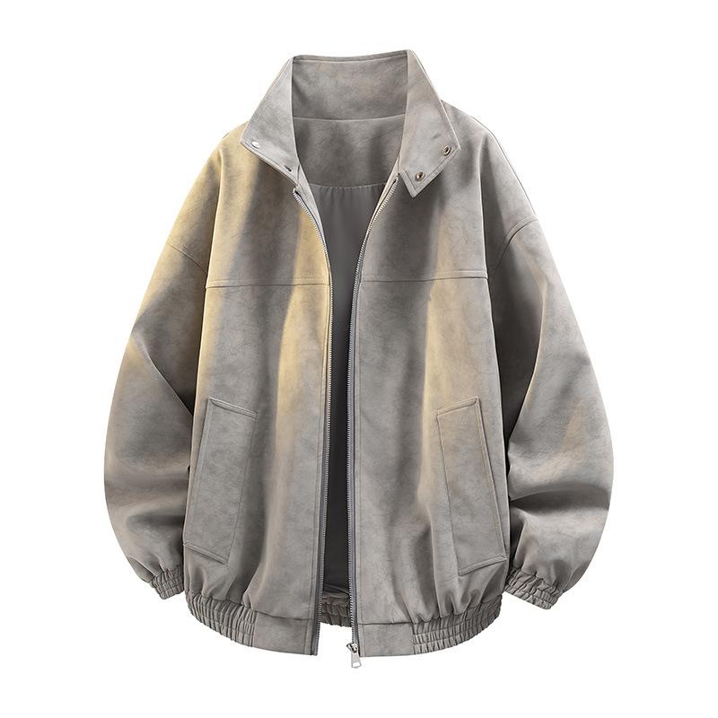 New Autumn Leather Jacket Retro American Jacket Buckle Stand Collar Tie-dye Men