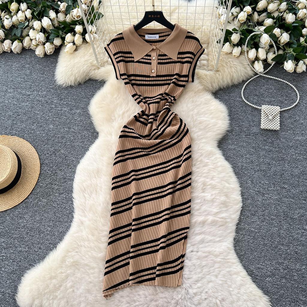 Chic summer new high-end retro polo collar sleeveless waist slim slanted striped knitted dress