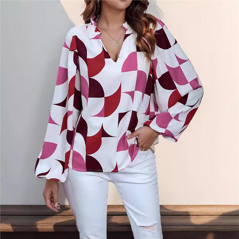 2024 Autumn Women's V-neck Printed Pullover Top - European & American Fashion