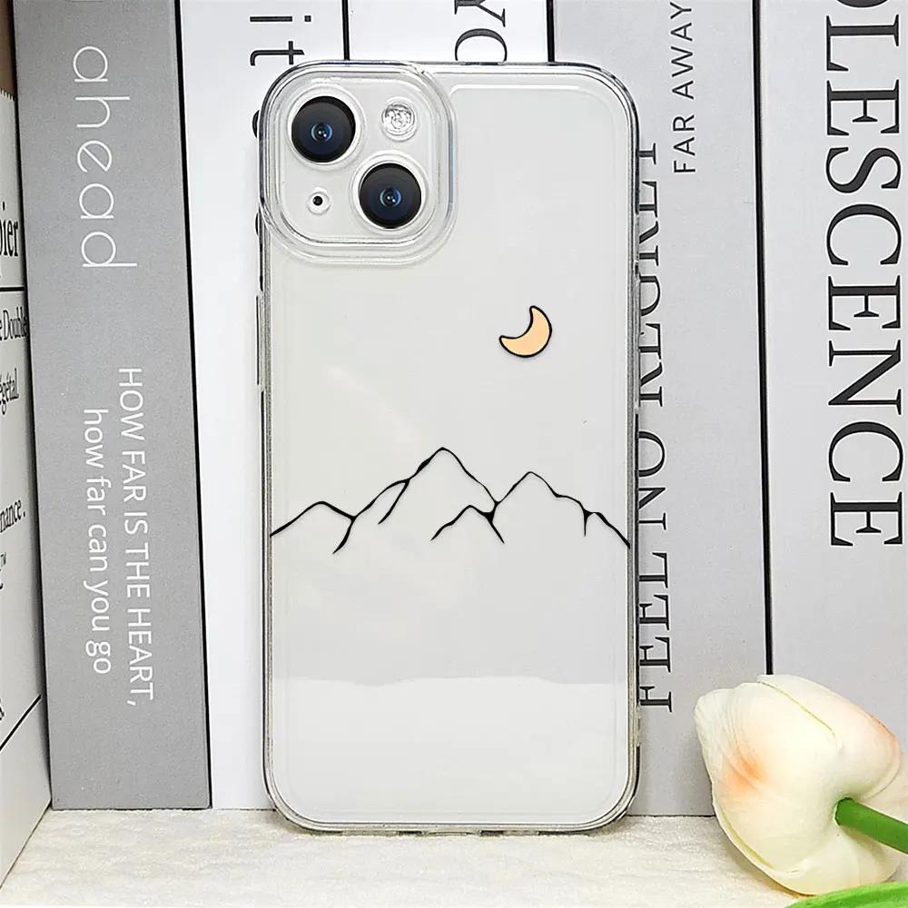 Line Mountain Scenery Phone Case for IPhone 16 Pro Max 11 12 13 Mini XS MAX X 7 8 14 15 Plus Cases Simple Sun Moon Couples Cover