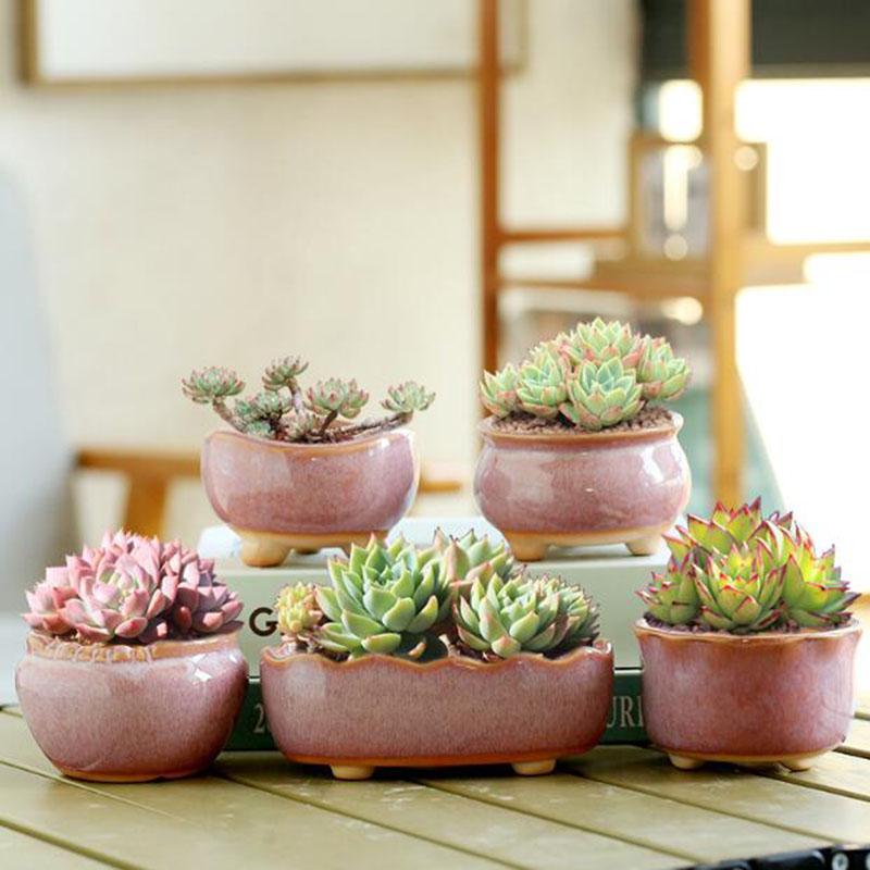 Retro Kiln Change Pink Ceramic Succulent Plant Pot - Creative Mini Flowerpot for Home & Balcony Decor