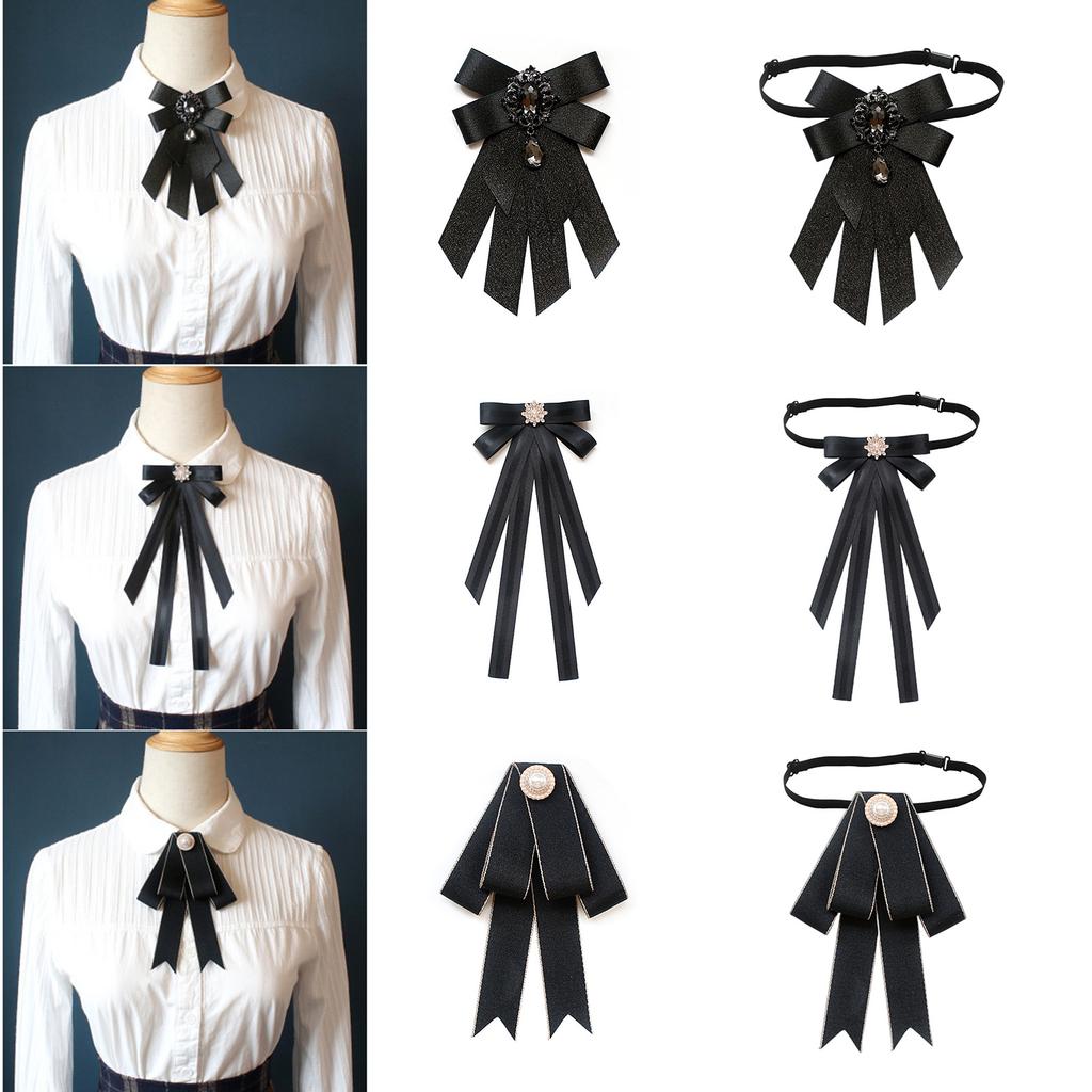 Vintage Ribbon Bowtie Brooch Pin for Women Wedding Pretied Necktie Clip Crystal Rhinestones Bowknot Shirt Jabot Collar