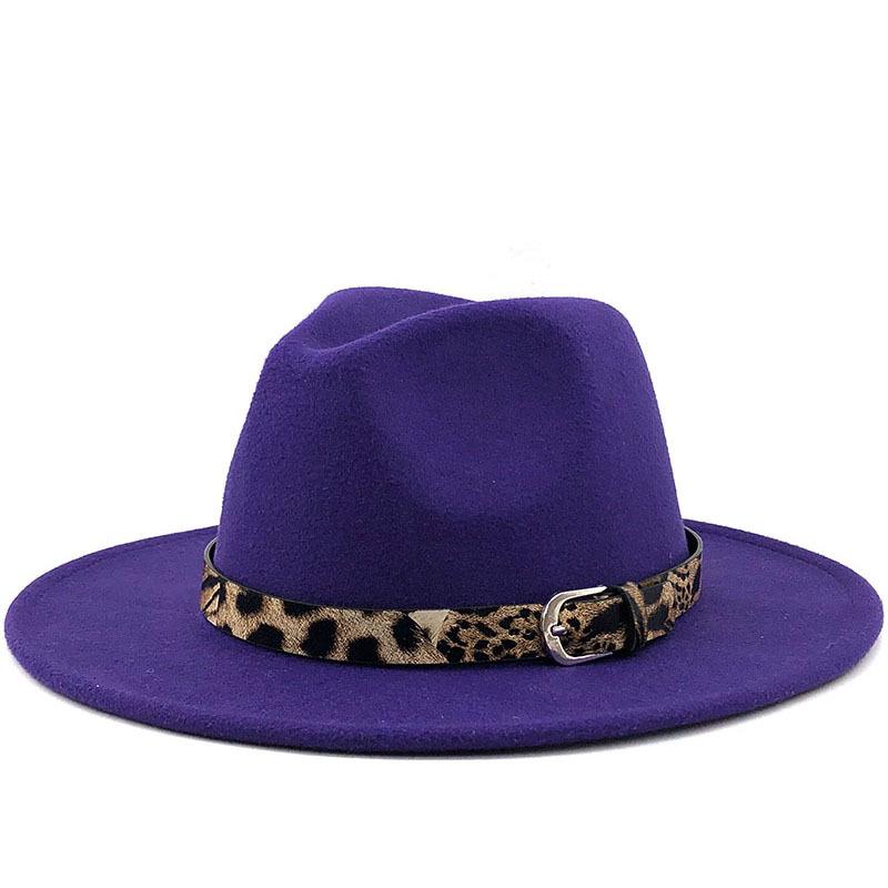 Fashion leopard print belt woolen top hat ladies jazz hat autumn and winter versatile felt hat flat edge top hat church hat