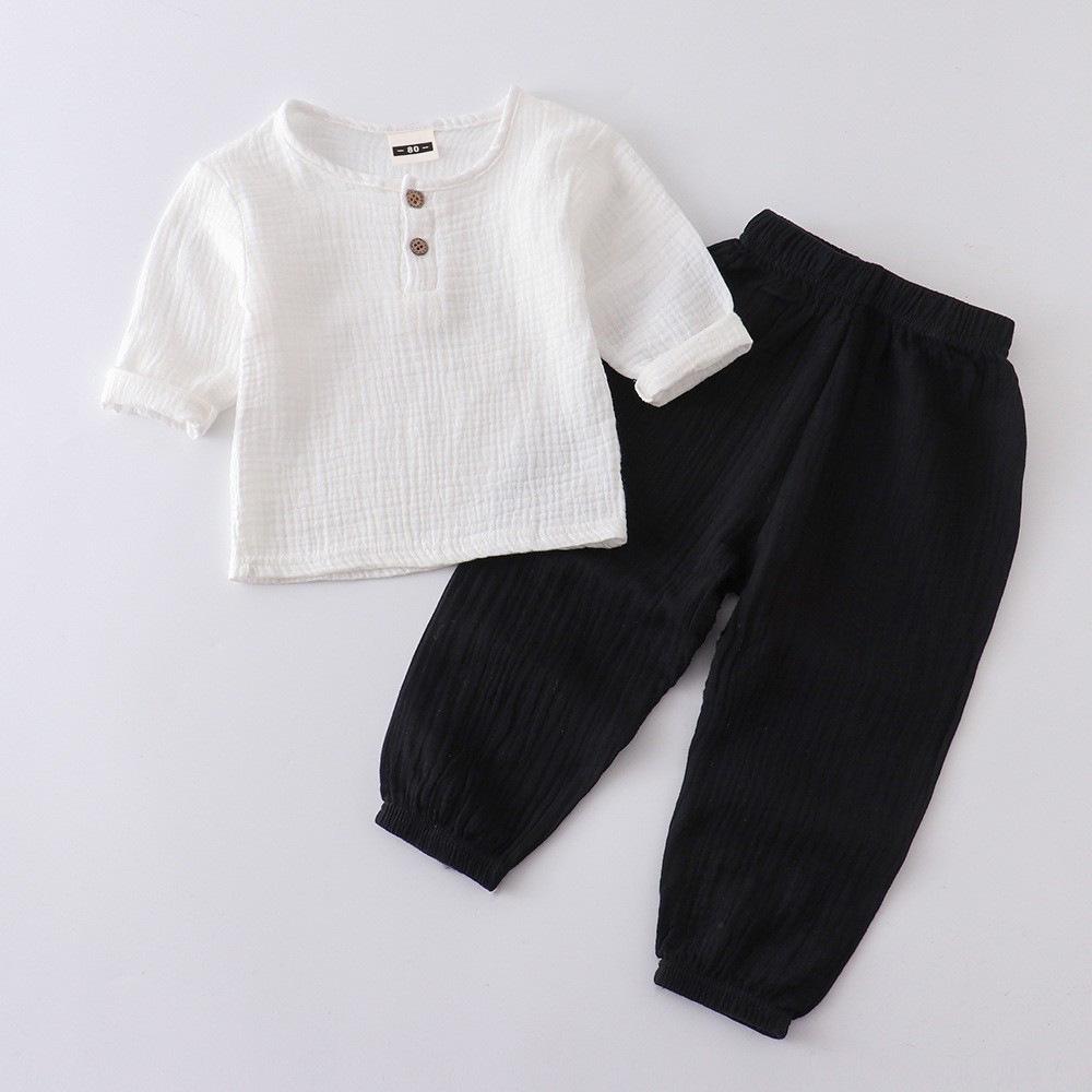 Kids' Cotton Linen Long Sleeve Set - Unisex Gauze Joggers, Loose Two-Piece for Spring/Summer