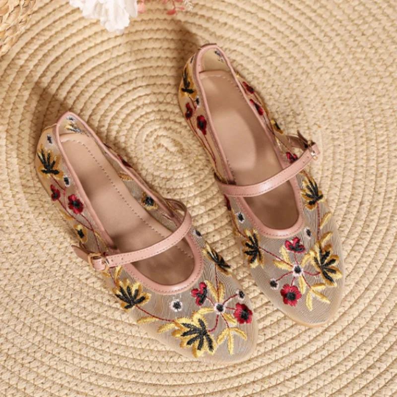 Breathable Mesh Women Ballet Flats Flower Embroidered Mary Jane Shoes Woman for Ladies Casual Round Toe Brand Designer Footwear