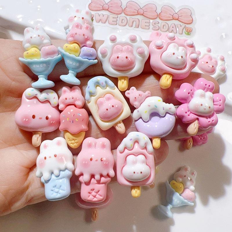10 Stück Neue Süße Harz Mini Cartoon Kaninchen Eis am Stiel Serie Flache Rückseite Maniküre Teile Verzierungen Für Haarspangen Zubehör