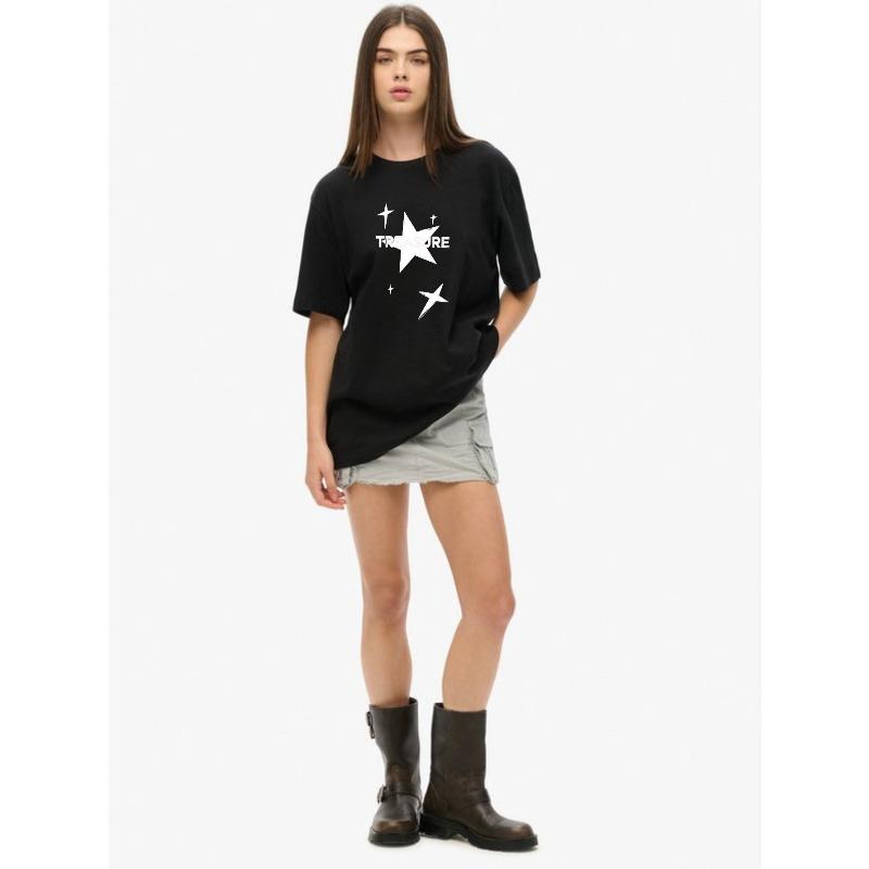 Black Oversized T-Shirt With Star Print And Treasure Text For Casual Wear